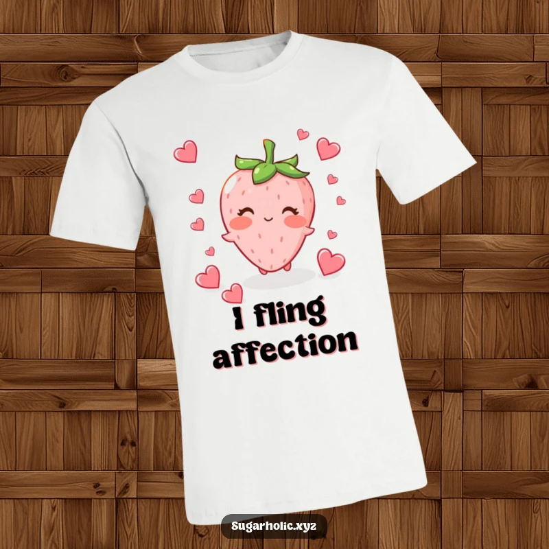Funny blushing strawberry character fluttering small heart-shaped candies, a symbol of love, on a comfy t-shirt.
