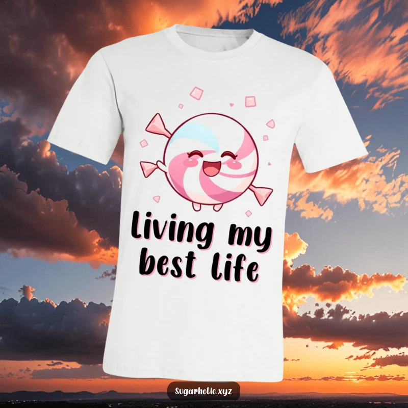 Funny t-shirt featuring a delighted candy joyfully twirling in sweet crystals, embodying pure happiness.