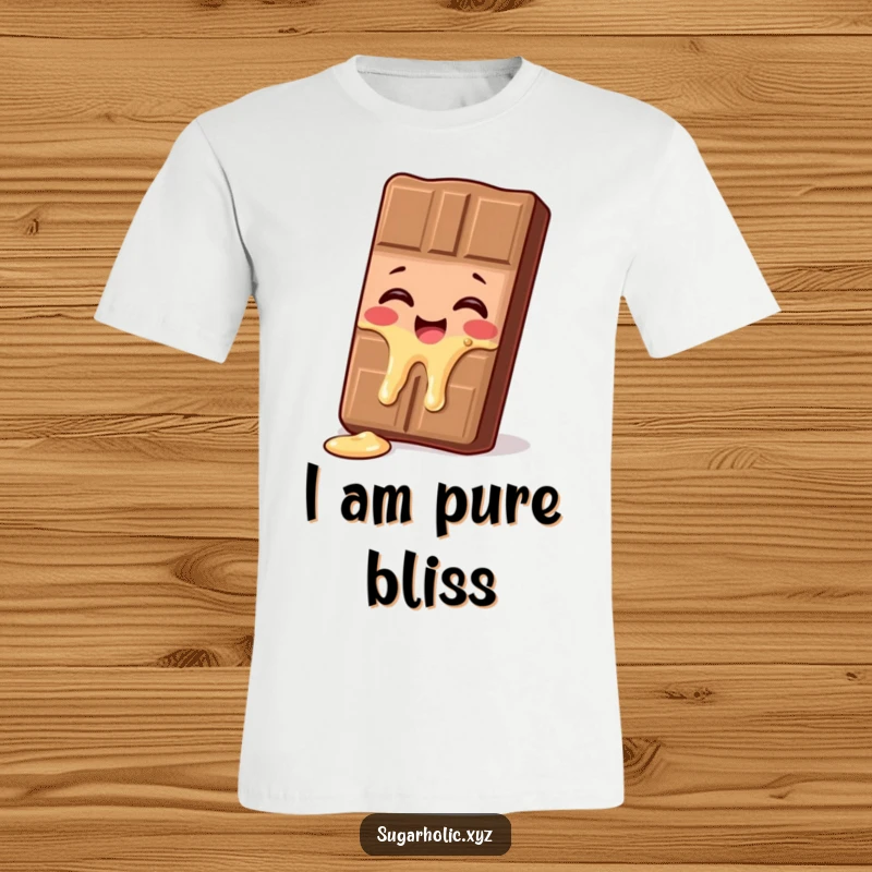 Funny chocolate bar t-shirt, depicted giggling and melting with pure delight, ideal for a humorous clothing gift.