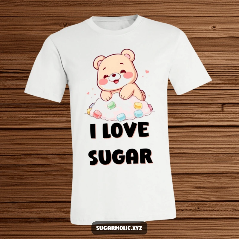 Funny t-shirt featuring a blushing gummy bear happily diving into a pile of sugar, celebrating candy love.