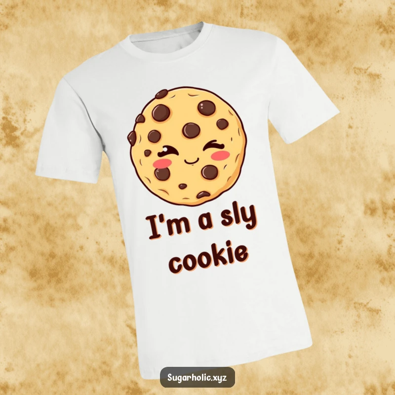 Funny winking cookie t-shirt featuring a delighted cookie packed with chocolate chips, giving a mischievous wink, showcasing playful charm.