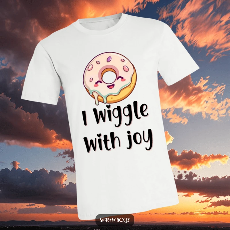 Funny Donut T-Shirt: A delighted donut with a glaze drip wiggles with glee, showcasing a fun and humorous food illustration.