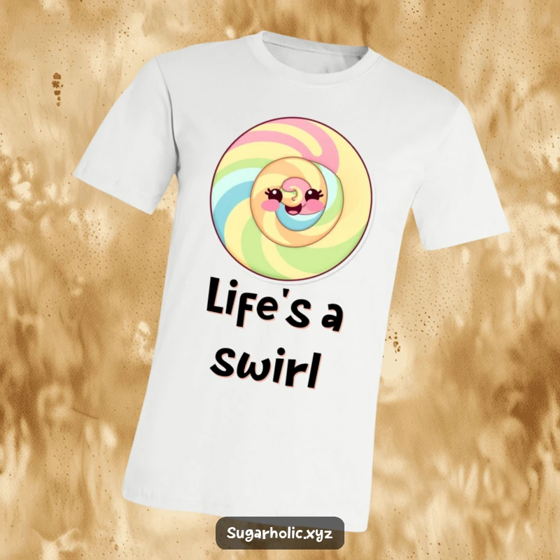 Funny T-shirt showcasing a delighted candy swirl character with a playful smile, exuding cheerful energy.