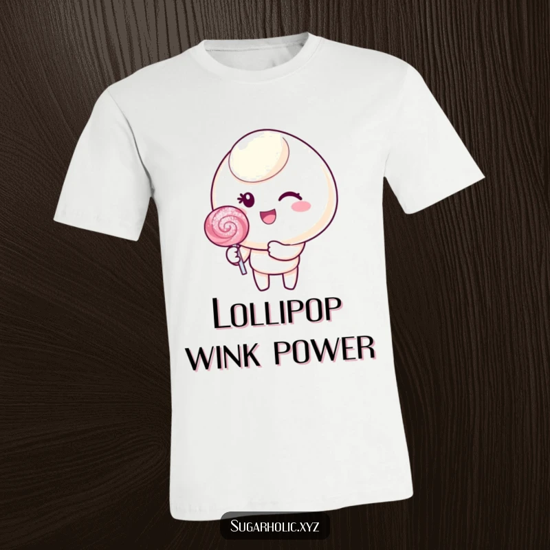 Funny t-shirt showcasing a candy character giving a cheerful wink while holding a sparkling, glittering lollipop.