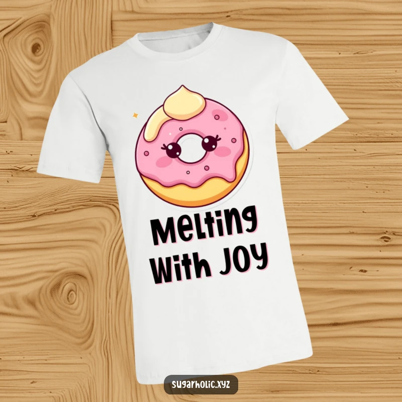 Funny T-Shirt illustrating a beaming donut character with frosting melting slightly, conveying playful sweetness and irresistible charm.