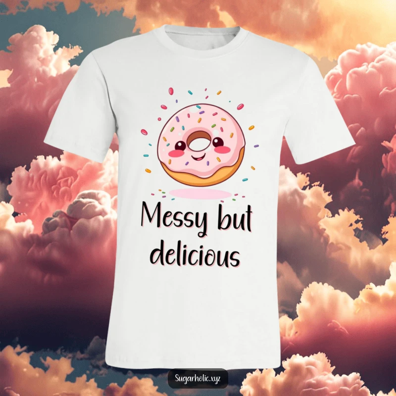 Funny giddy doughnut t-shirt, showing sprinkles exploding outwards, ideal for humorous casual wear and as a gift.