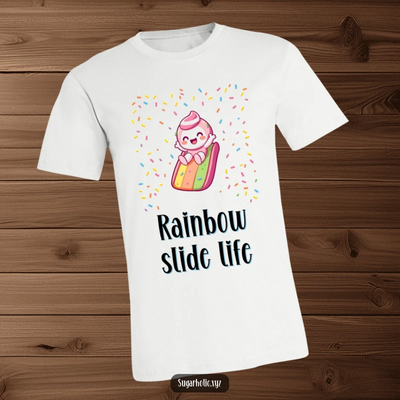 Funny T-Shirt: Candy character gleefully slides down a dazzling rainbow sprinkle slide, radiating pure joy.
