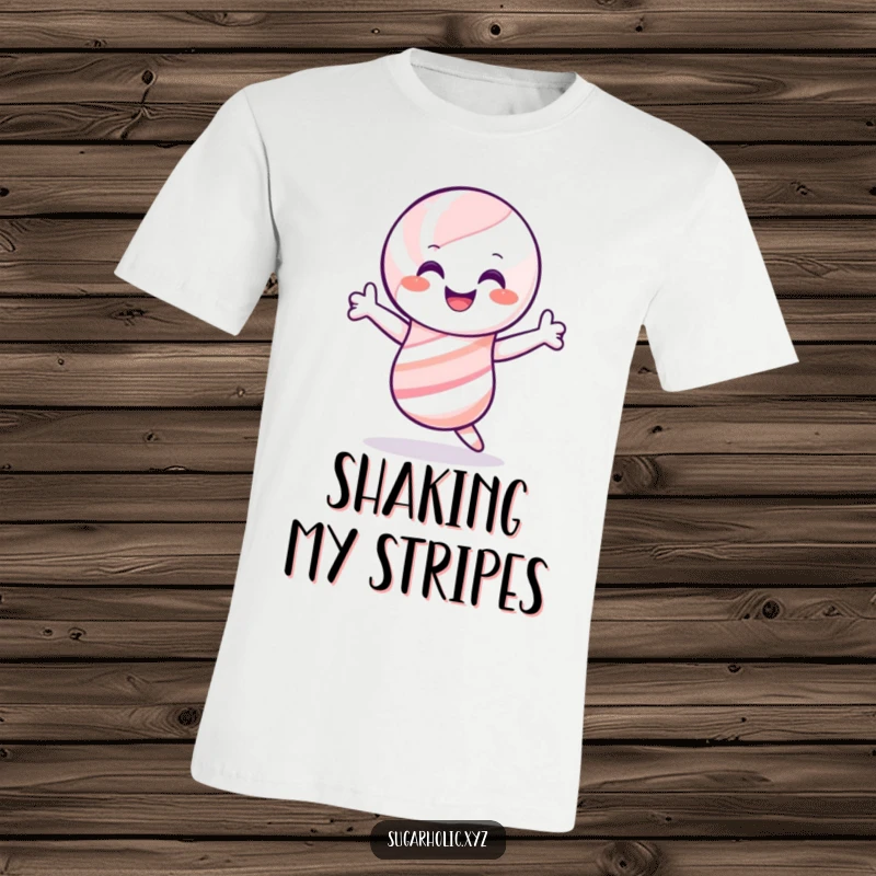 Funny candy cane t-shirt, depicted smiling and doing a joyful shimmy, ideal for humorous holiday apparel and gifts.