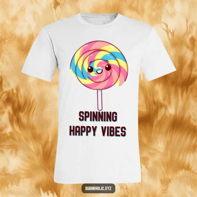 Funny lollipop t-shirt featuring a gleeful, rainbow-striped lollipop spinning rapidly. Expresses energy, joy, and a love for fun.