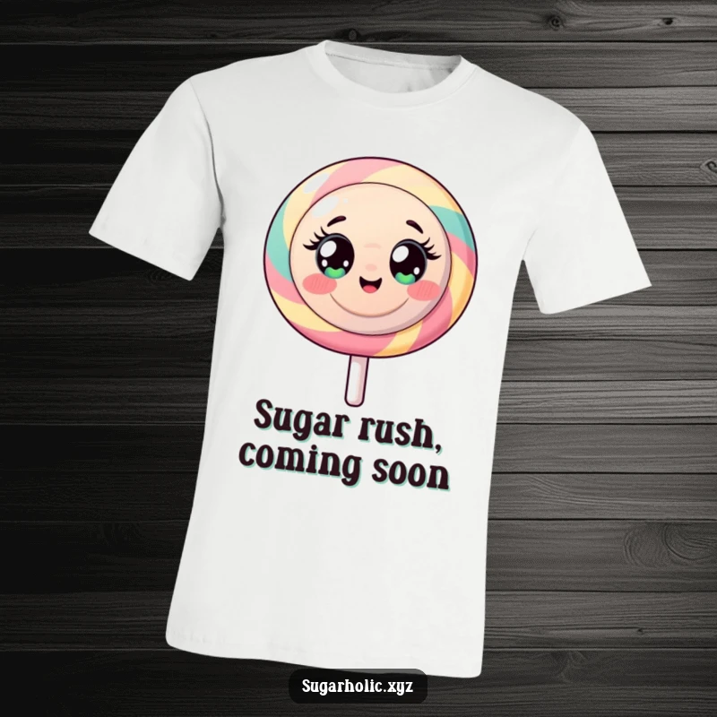 Funny t-shirt showcasing a round lollipop character with big, excited eyes, bursting with sugary energy.