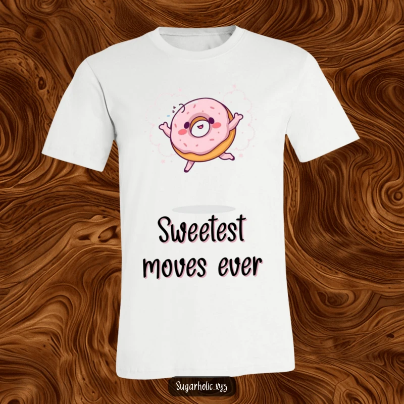 Funny donut t-shirt showcasing a giggling donut mid-leap into a fluffy cloud of powdered sugar, a humorous and delightful graphic.