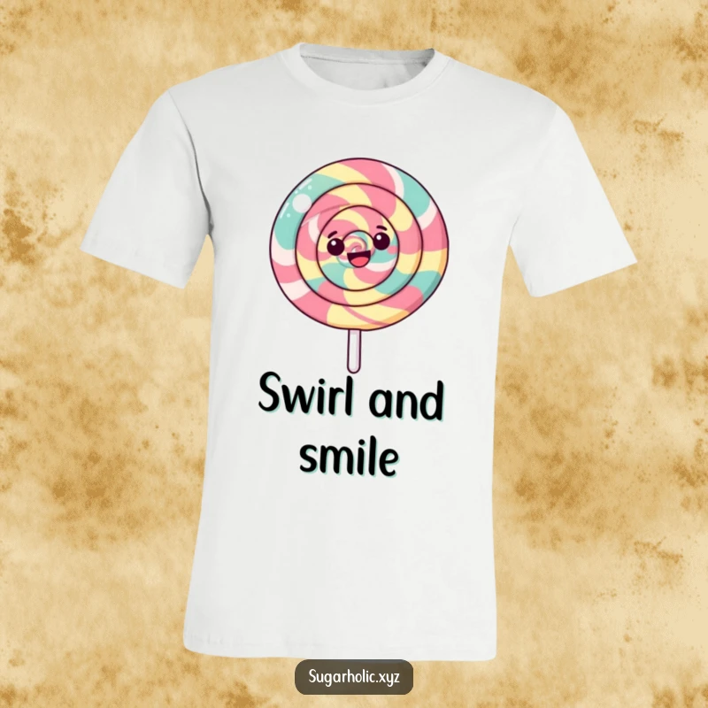 Funny t-shirt graphic of a happy lollipop with a swirling pattern spinning, symbolizing sweetness, joy, and a fun-loving attitude.