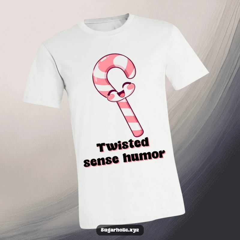 Funny candy cane t-shirt with a slight bend, winking playfully, cheerful and festive design, excellent funny gift.