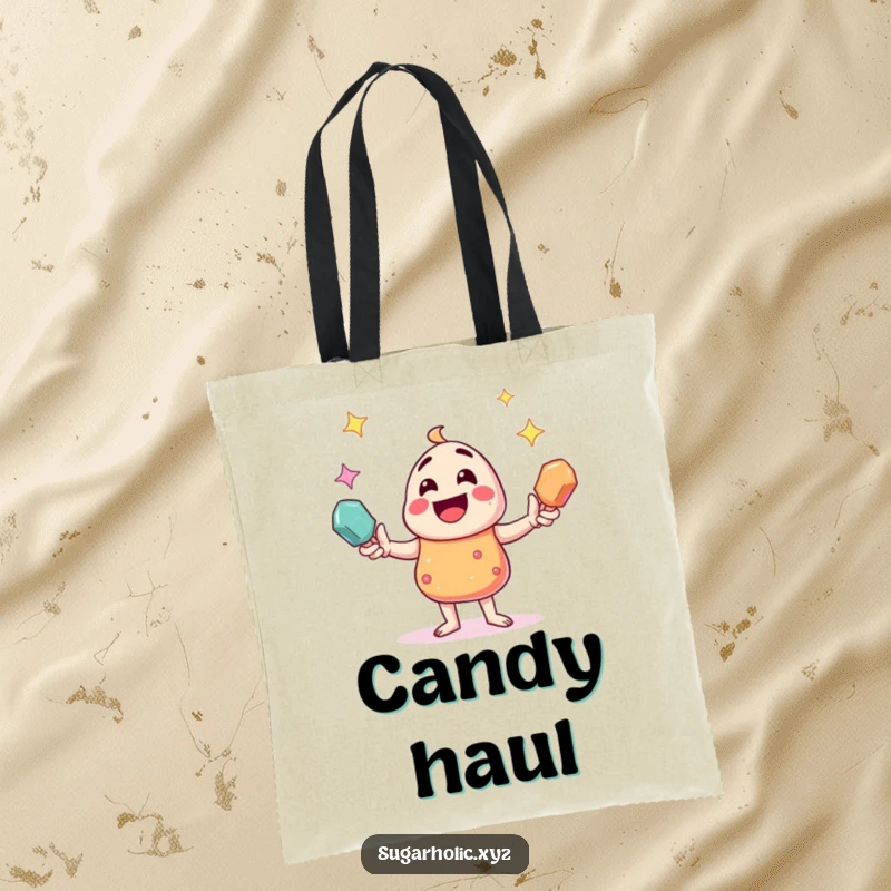 Funny candy character juggling sparkling rock candies, depicted on a practical and amusing tote bag.