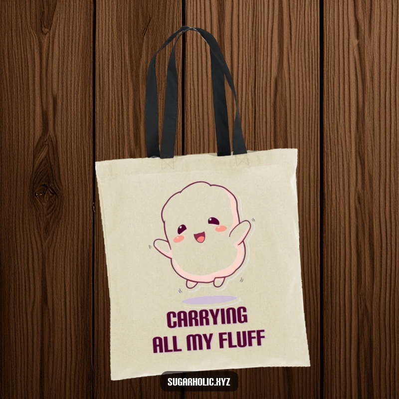 Funny Tote Bag: Fluffy marshmallow character bounces with excitement, ideal for carrying daily essentials.