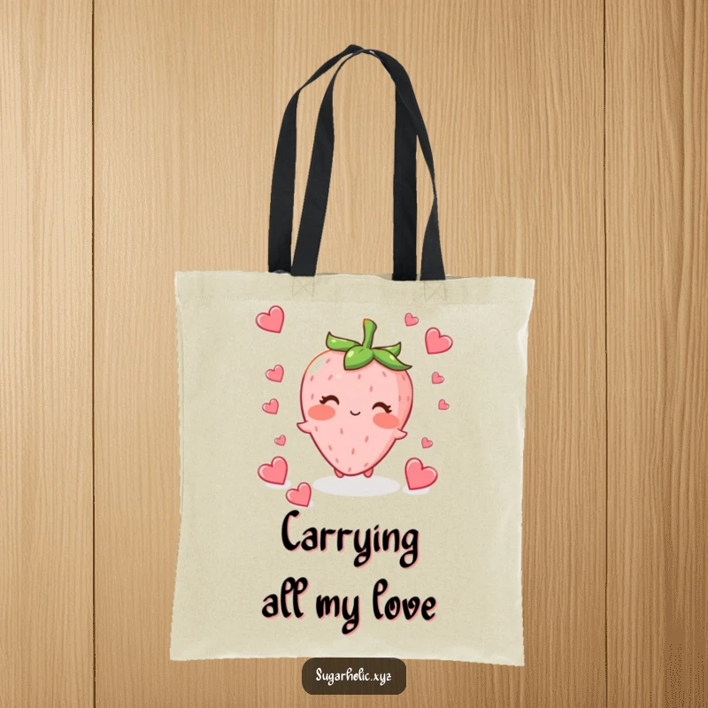 Funny blushing strawberry character fluttering tiny heart-shaped candies, perfect for a sweet and functional tote bag.