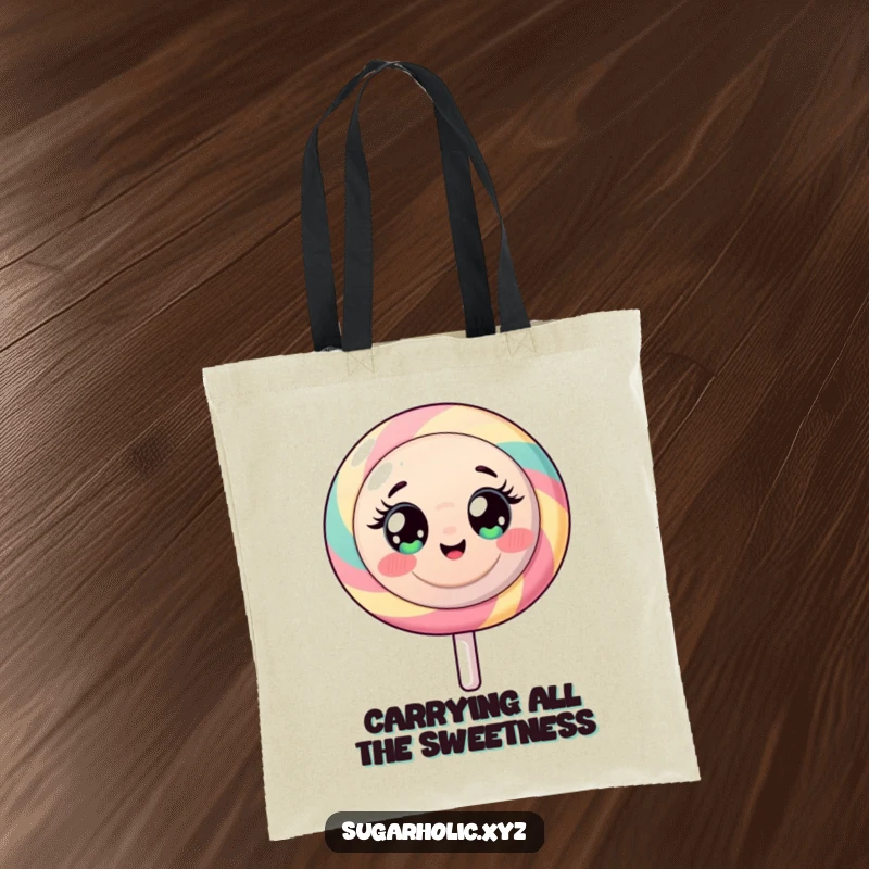 Funny tote bag featuring a round lollipop character bursting with wide-eyed, sugary energy.