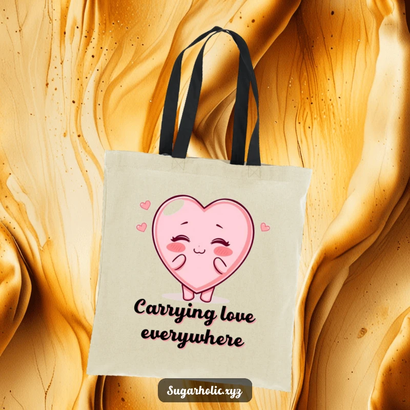 Funny Tote Bag: Candy heart character with rosy cheeks cheerfully blows kisses, perfect for carrying love.