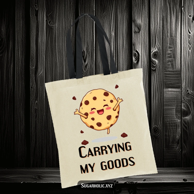 Funny cartwheeling cookie tote bag featuring a happy cookie with chocolate chips doing a fun cartwheel, a practical and humorous accessory.
