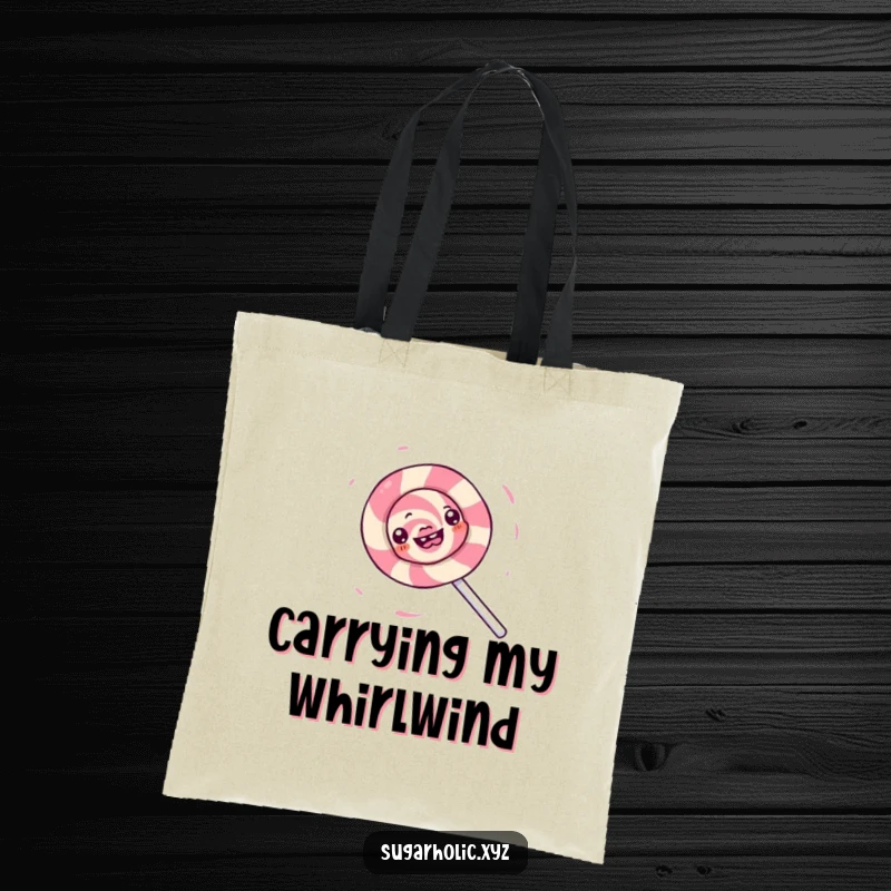 Funny tote bag with a playful lollipop character spinning energetically, creating a whirlwind of sugary delight, perfect for daily use.