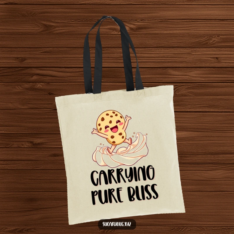 Funny Tote Bag showcasing a delighted cookie character leaping into a swirl of frosting, perfect for carrying treats and essentials.
