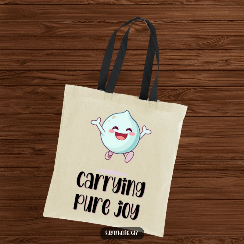 Funny Tote Bag depicting a grinning candy character leaping with pure sugary excitement, perfect for carrying groceries and smiles.