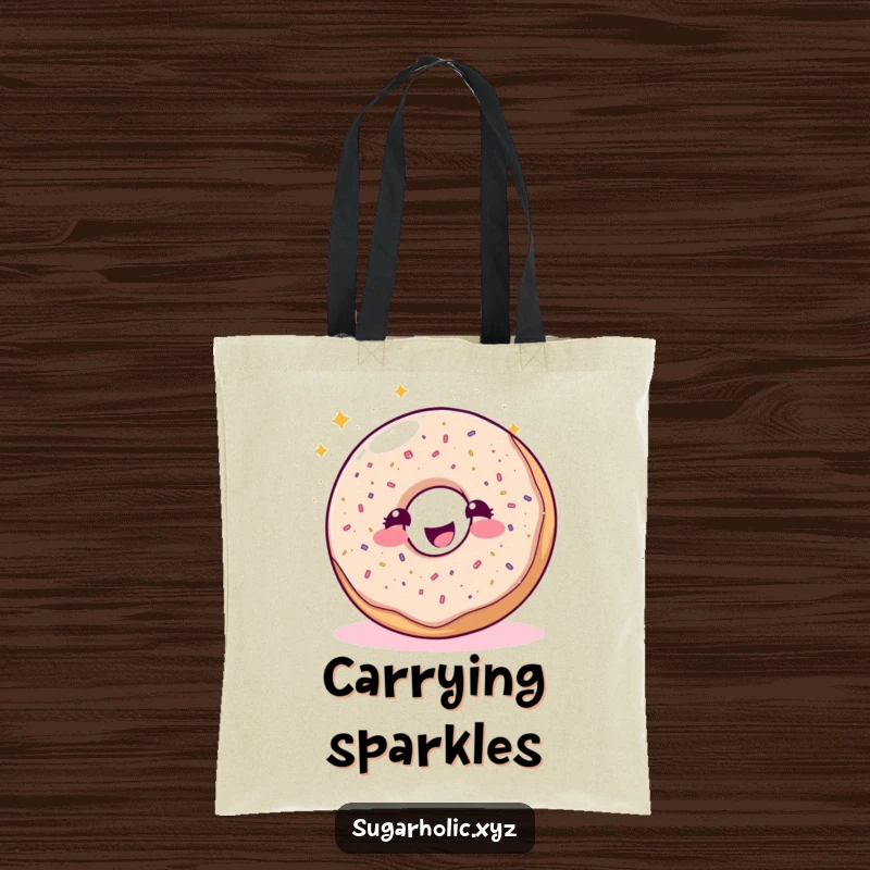 Funny sparkling donut character joyfully sprinkling glitter on a durable tote bag, perfect for carrying sweet treasures.
