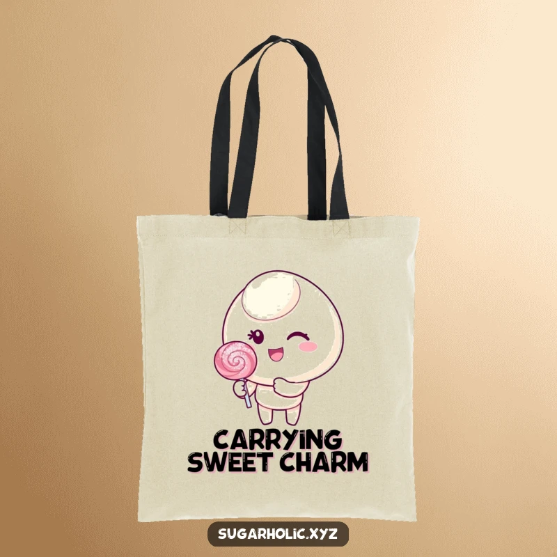 Funny tote bag with a candy character winking cheerfully and holding a glittering lollipop, perfect for stylish carrying.