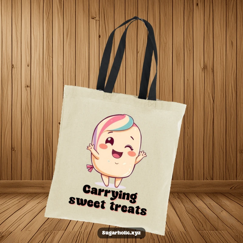 Funny candy tote bag featuring a smiling candy character performing a flamboyant curtsy. Ideal for carrying items and showcasing sweet elegance.