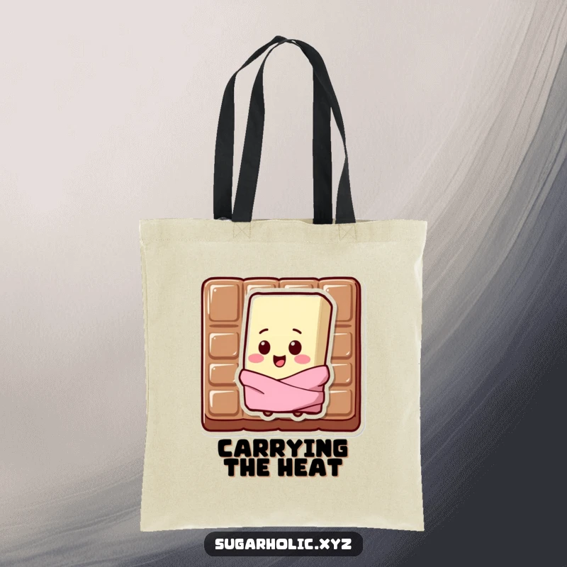 Funny Tote Bag featuring a sweating chocolate bar character with a happy chip on its shoulder.