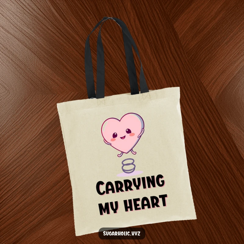Funny Tote Bag showcasing a cute candy heart character playfully bouncing on a spring, perfect for carrying essentials with a cheerful vibe.