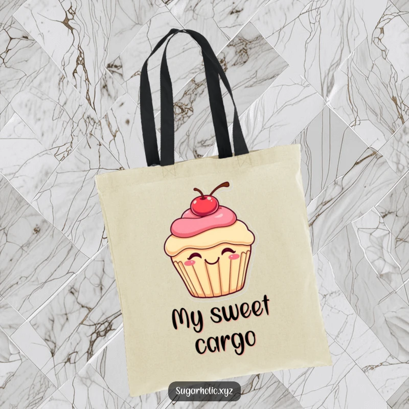 Funny bouncing cupcake tote bag featuring a smiling cupcake with a cherry on top, energetically bouncing with pure joy, a practical and cute accessory.