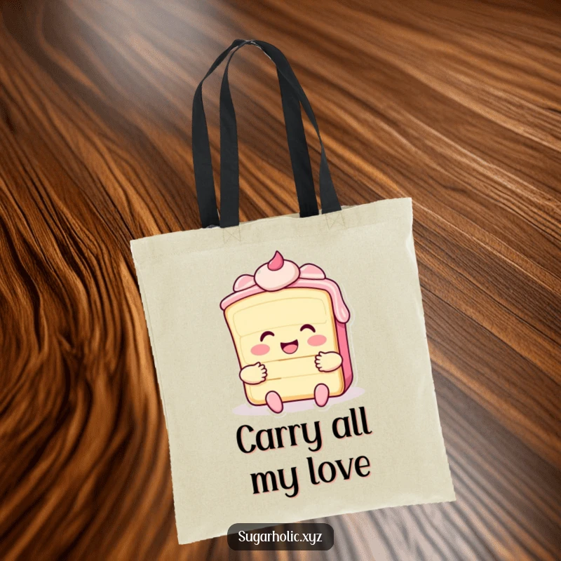 Funny tote bag with a smiling cake slice and frosting offering a big hug, great for stylish, sweet storage.