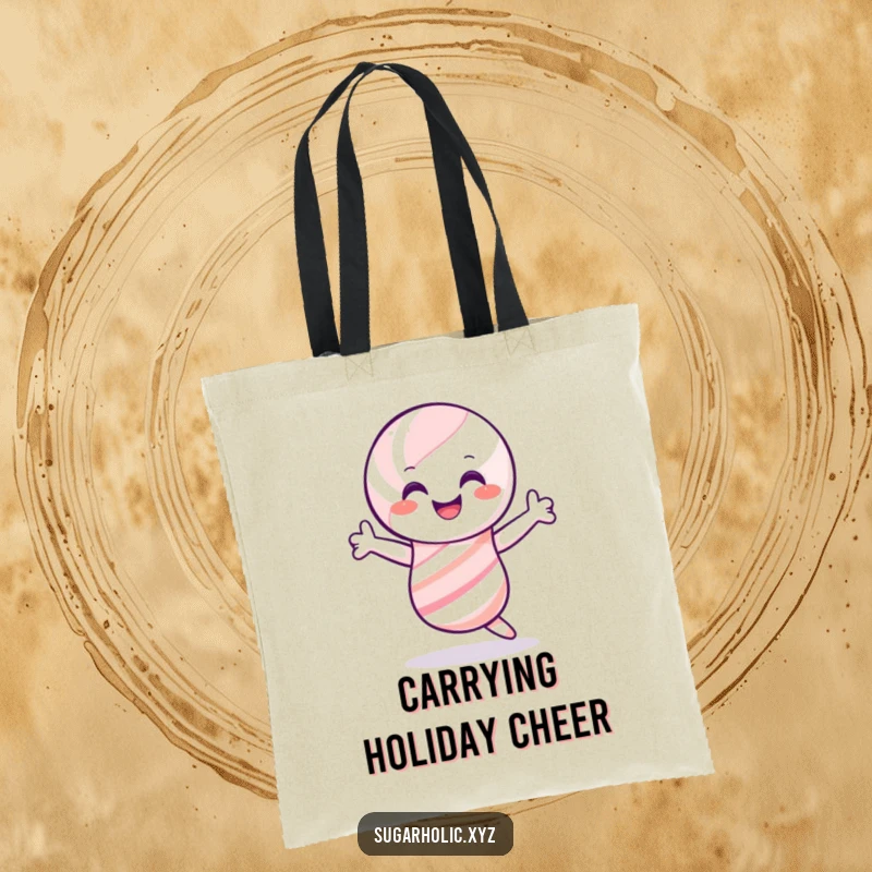Funny candy cane tote bag, depicted smiling and shimmying joyfully, a humorous and practical accessory for holiday shopping.