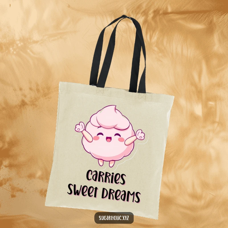 Funny tote bag with a gleeful candy floss character floating happily upwards, perfect for carrying sweet essentials.