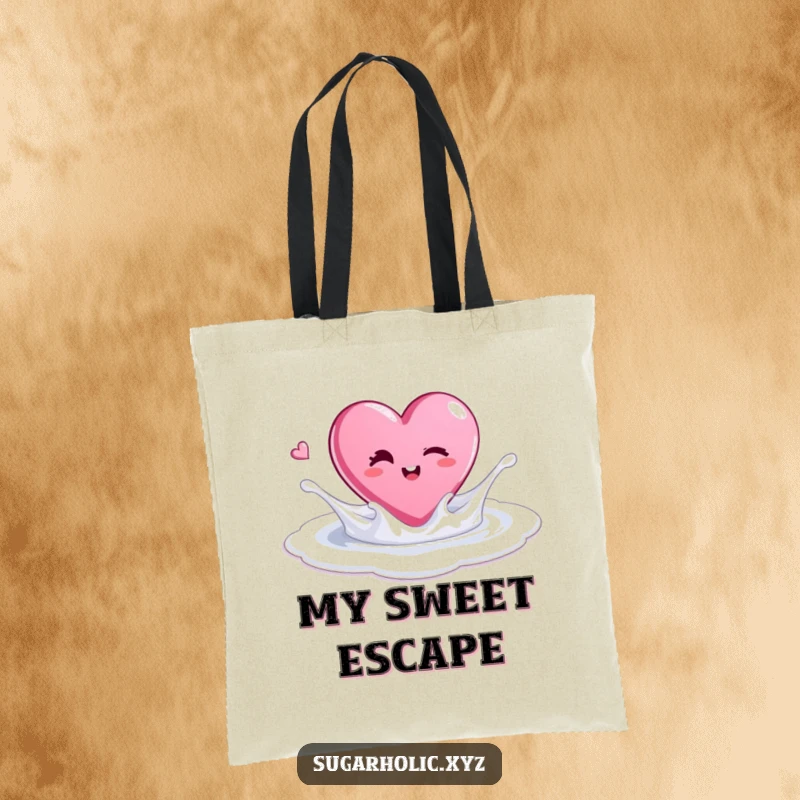 Funny tote bag with a winking candy heart splashing in a sugar pool, great for everyday use.