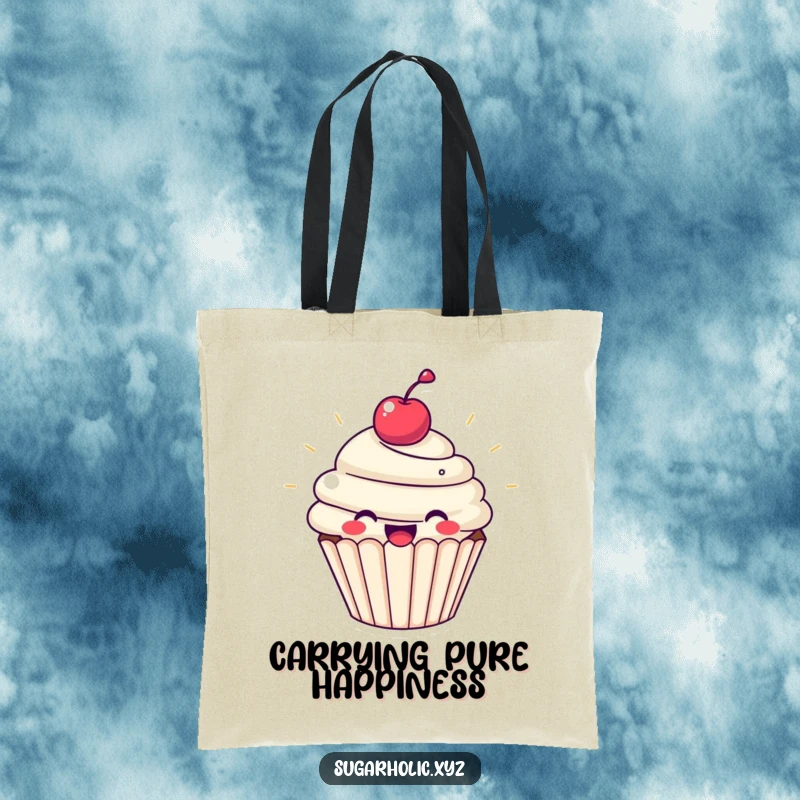 Funny cupcake tote bag featuring a beaming cupcake with a cherry on top, radiating pure joy. Great for shopping and carrying daily items.