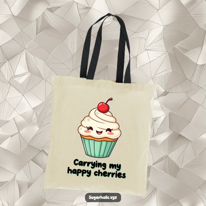 Funny tote bag showcasing a cheerful cupcake with a cherry, joyfully cheering.
