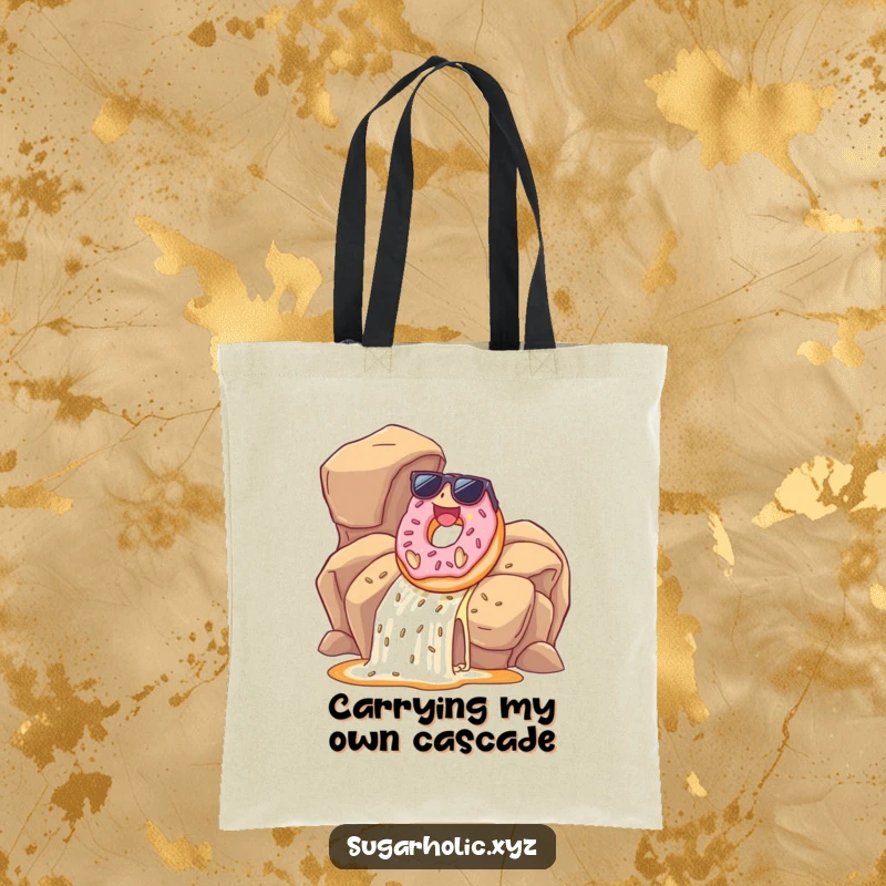 Funny donut with sunglasses sliding down a caramel waterfall on a tote bag, perfect for a stylish and humorous carryall.