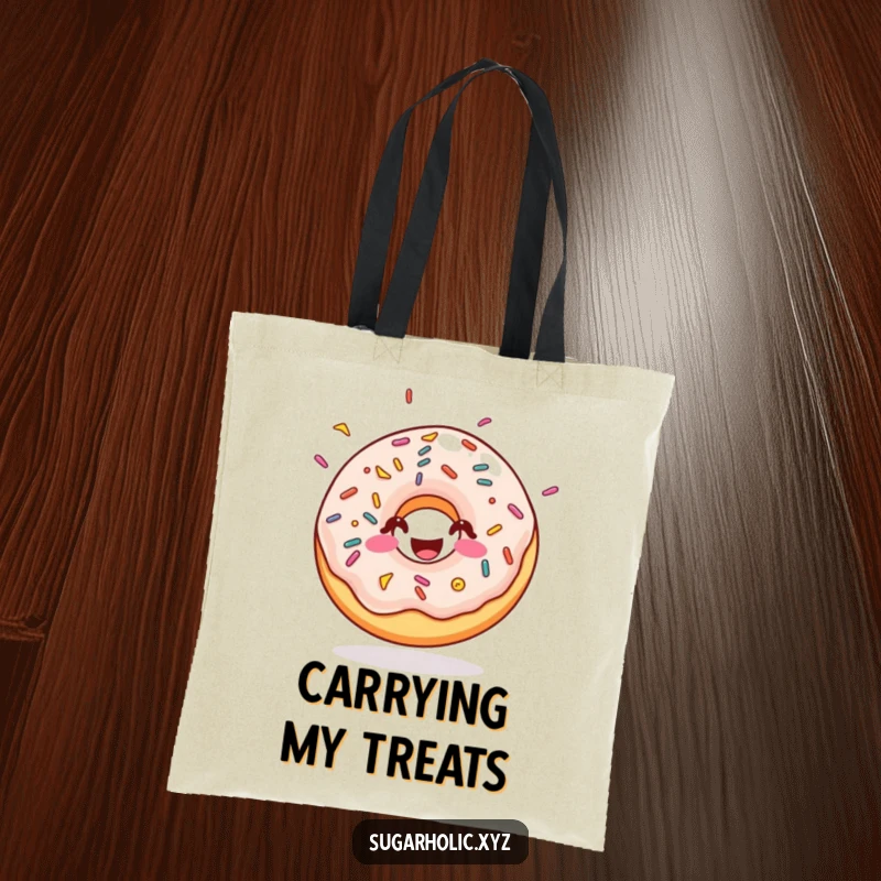 Funny doughnut tote bag with sprinkles, bouncing with pure sugary joy, perfect for shopping, spreads happiness, funny gift.