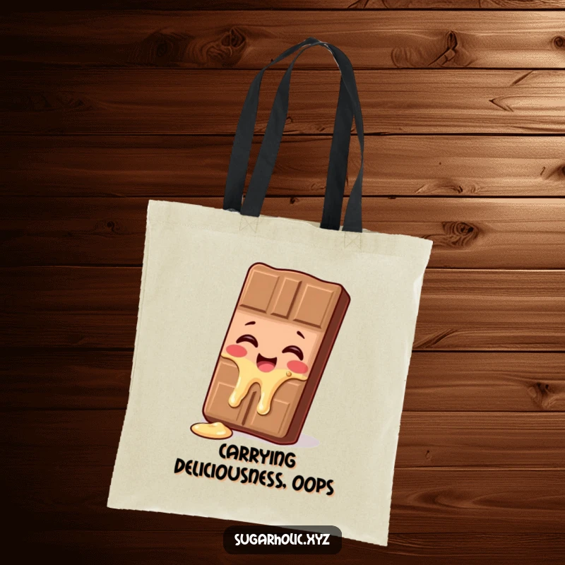 Funny giggling chocolate bar tote bag, depicted melting with sheer delight, a humorous and practical accessory for carrying gifts.