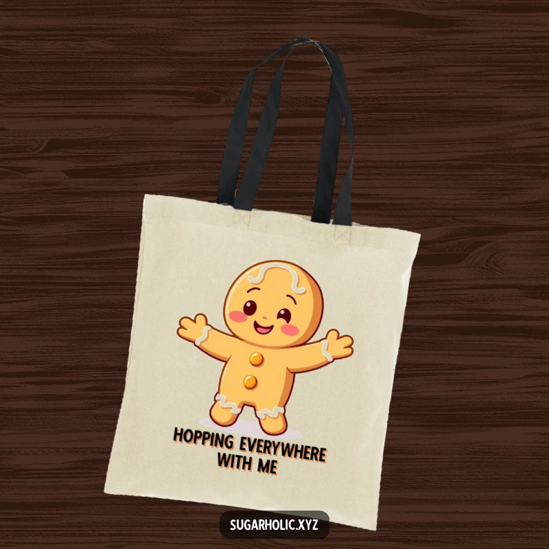 Funny tote bag featuring a smiling gingerbread cookie character doing a happy jig.