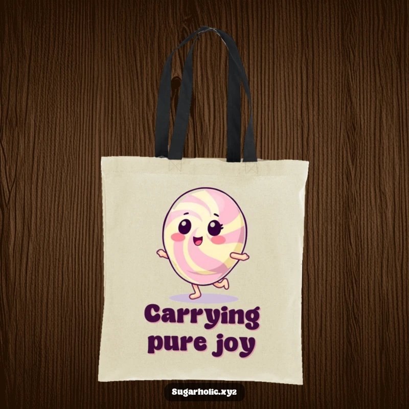 Funny Gumdrop Character Tote Bag: A shiny, joyful gumdrop character caught in a delightful hopping motion.