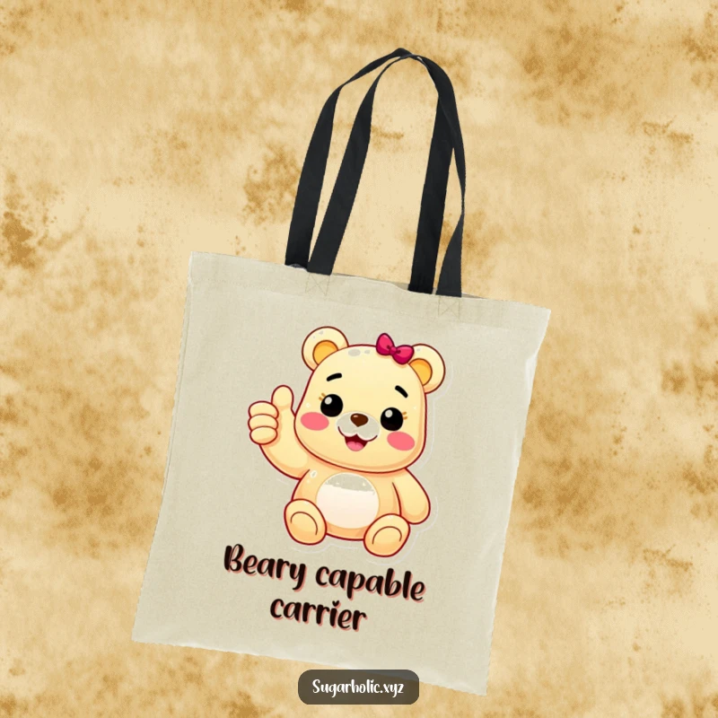 Funny tote bag with a cheerful gummy bear character giving an enthusiastic thumbs up, perfect for carrying daily items with a positive and playful flair.