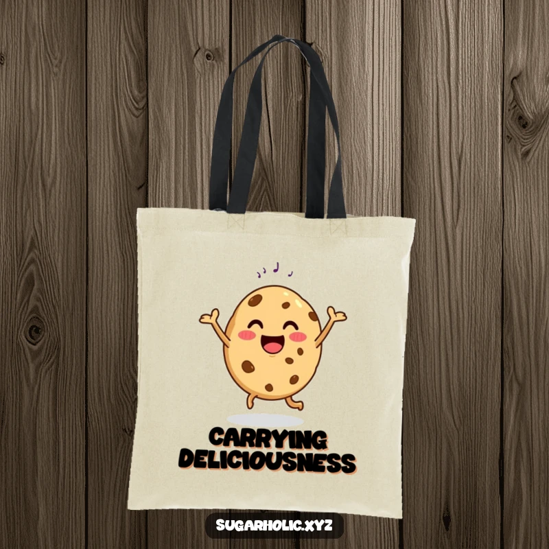 Funny tote bag with a happy cookie doing a delighted dance with a sugar sprinkle, carrying sweetness and joy.
