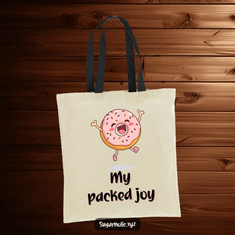 Funny jumping donut tote bag featuring an ecstatic donut with sprinkles, captured in a joyful leap, a perfect accessory for donut lovers.
