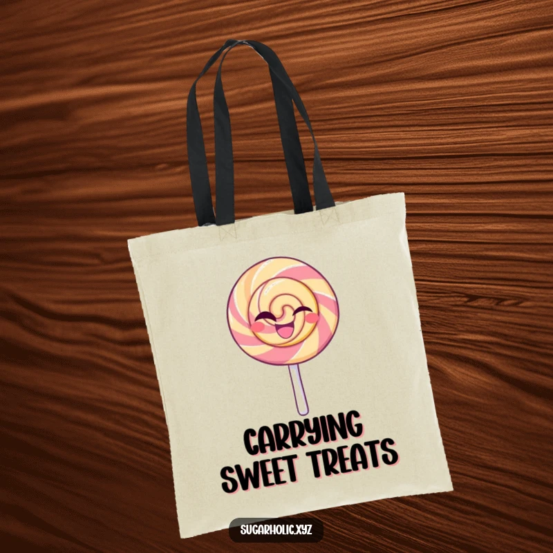 Funny tote bag with a beaming lollipop character giving a confident wink, perfect for carrying daily items with a sweet and stylish flair.