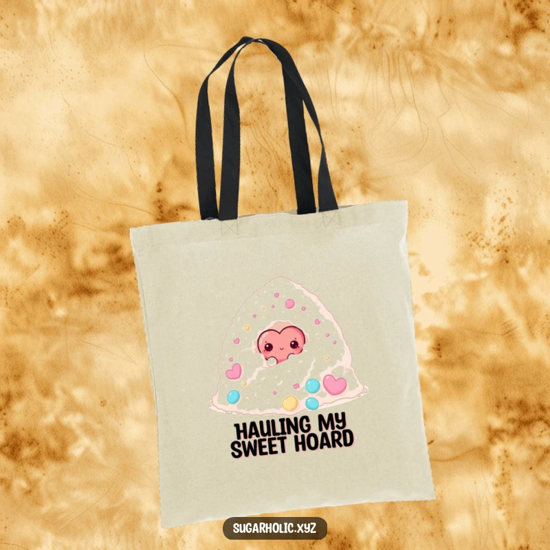 Funny tote bag with a shy candy heart character peeking from behind a large sugar pile, perfect for carrying treasures.