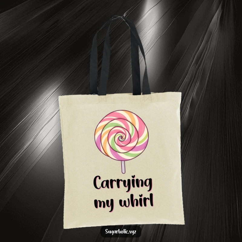 Funny lollipop tote bag with a swirling pattern, spinning with excitement, vibrant and energetic, perfect for shopping, funny gift.