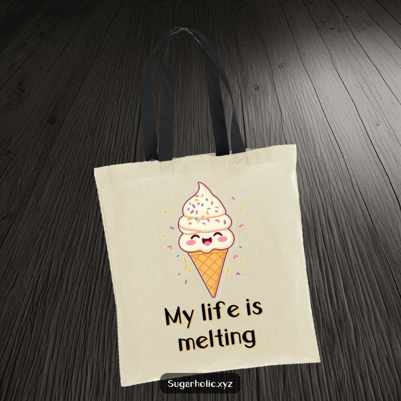 Funny joyous ice cream cone tote bag, with sprinkles raining down, a humorous and practical accessory for carrying gifts.